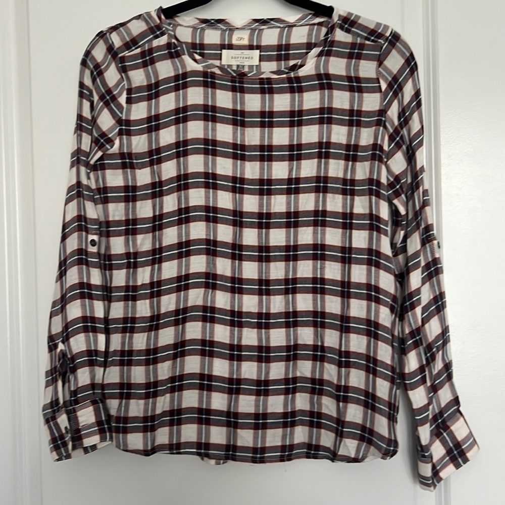 Loft The Softened Womens Shirt Blouse Top Size M Navy Blue Plaid Long Sleeve